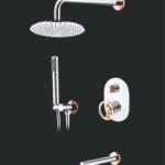 Complete Shower Set Single Lever 3 Outlet Diverter, Rain Shower, Round Shower, Arm Spout, Hand Shower (chrome And Rose Gold) - By Aquant