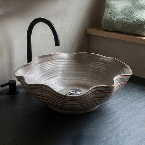 Handmade Grey Table Top Basin with Coloured Stripes WUS-4013 (530x390x230mm)
