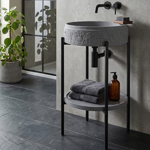 Matt Grey Artificial Stone Basin with Iron Stand WUS-5018-A (410x410x830mm)