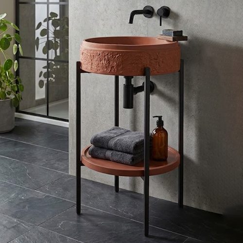 Matt Terracotta Red Artificial Stone Basin with Iron Stand WUS-5018-C (410x410x830mm)