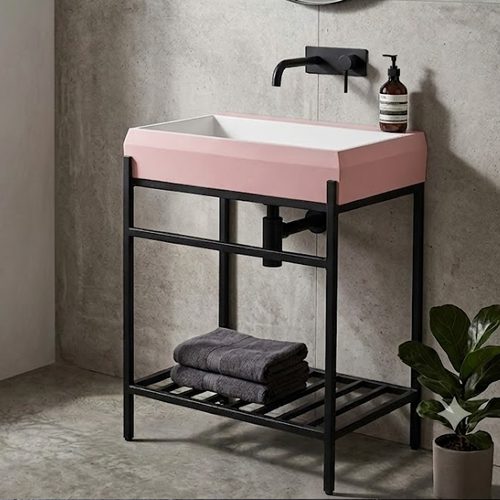 Matt Light Pink Artificial Stone Basin with Iron Stand WUS-5019-C (600x400x830mm)